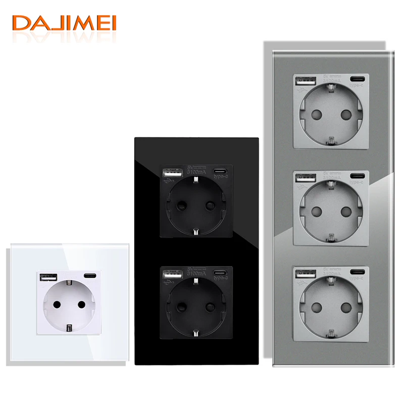 

DAJIMEI Single Wall Power Sockets with USB Type-C 18W fast charging Double Triple Wall Power Outlet EU Standard Glass Panel
