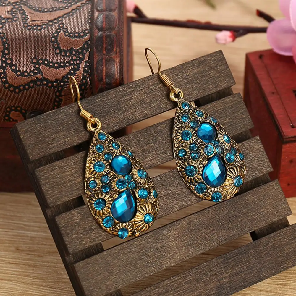 

Dangle Earrings Ethnic Style Shiny Rhinestone Inlaid Decorative Jewelry Faux Gem Women Vintage Water Drop Pendant Earrings