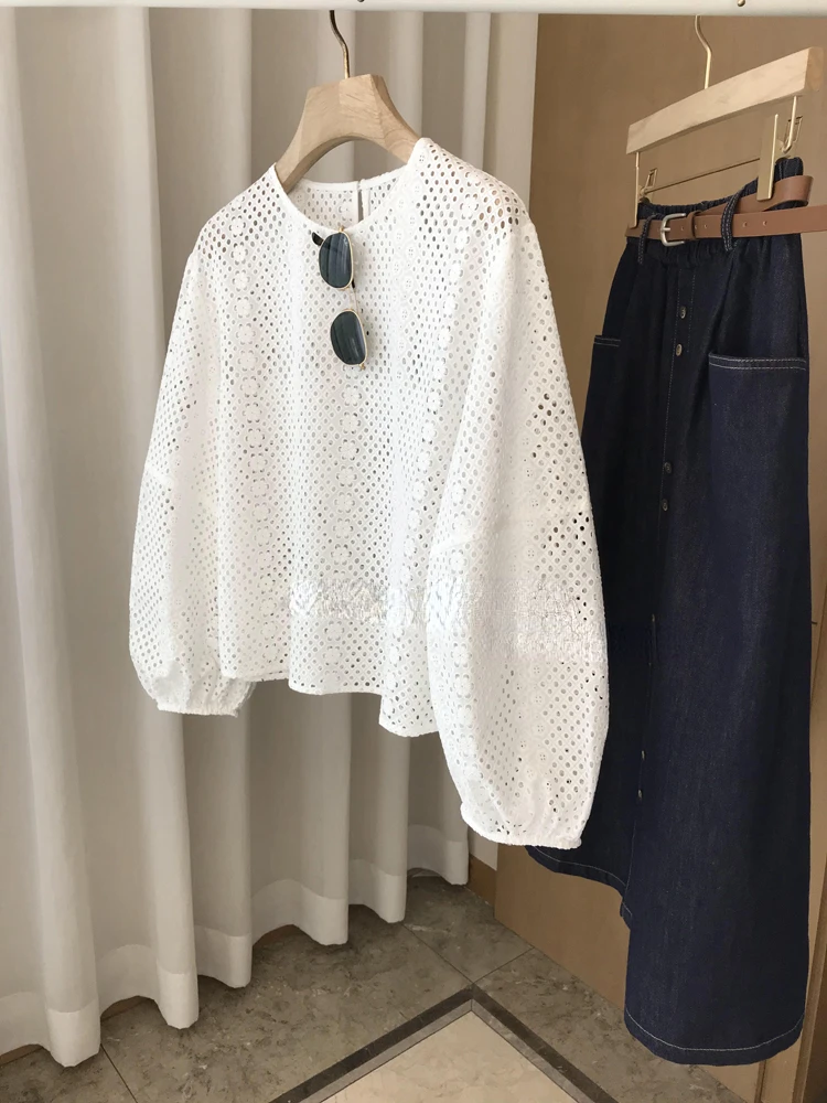 Женская винтажная блузка с круглым вырезом белая ажурная рубашка цветочной