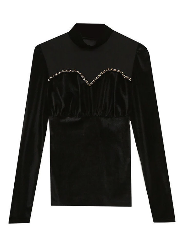 

Новинка 2022, комбинированная рубашка с длинным рукавом, осень и зима, новые модные золотистые Бархатные Топы с вырезами и длинным рукавом, мо...