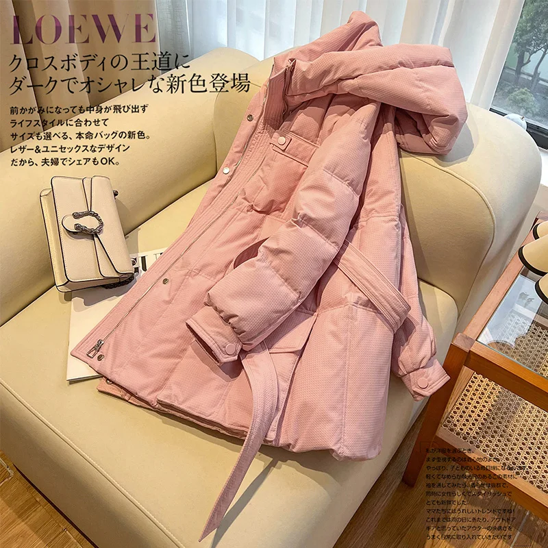 fashion design new pink abrigos mujer invierno 2022 90% White duck down Long  Luxury Covered Button  Slim thin Adjustable Waist
