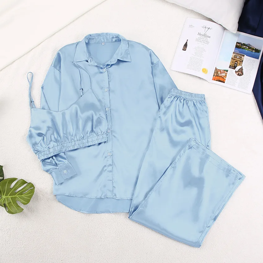 Ladies Silk Satin Sleeping Pyjamas Femme Home Women Winter Women 3 Pieces Sleepwear Pyjama Set Night Pajama