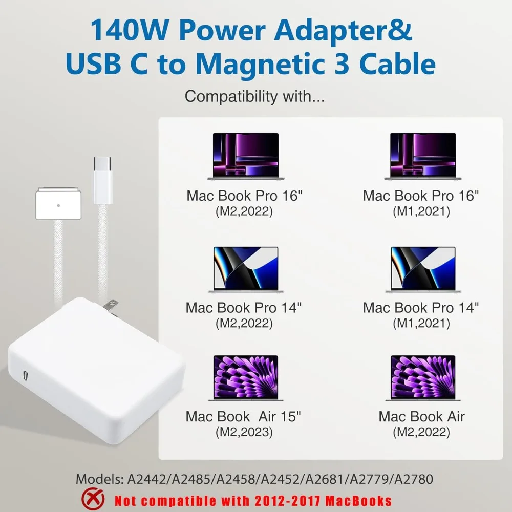 Фото 140 Вт USB C к магнитному 3 кабеля, зарядное устройство для Mac Book Pro 16,15,14,13 дюймов, 2021-2023 M1 M2 Mac Book Air Адаптер питания для ноутбука №3