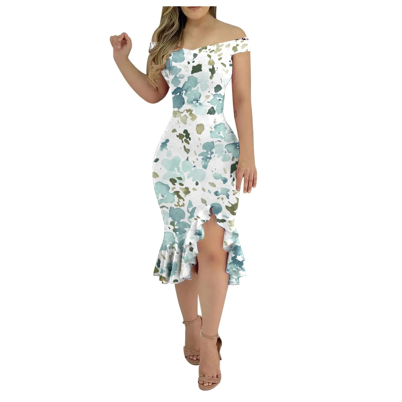 

Women'S Dresses Flower Print Irregular Hem One Shoulder Casual Party Fashionable Floral Sexy Backless Mermaid Dress Vestidos
