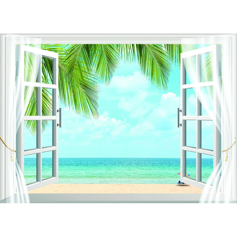 NITREE Window Beach Coconut Tree Photography Backdrops Props Scenery Mall Indoor Decoration Photo Studio Background HH-16