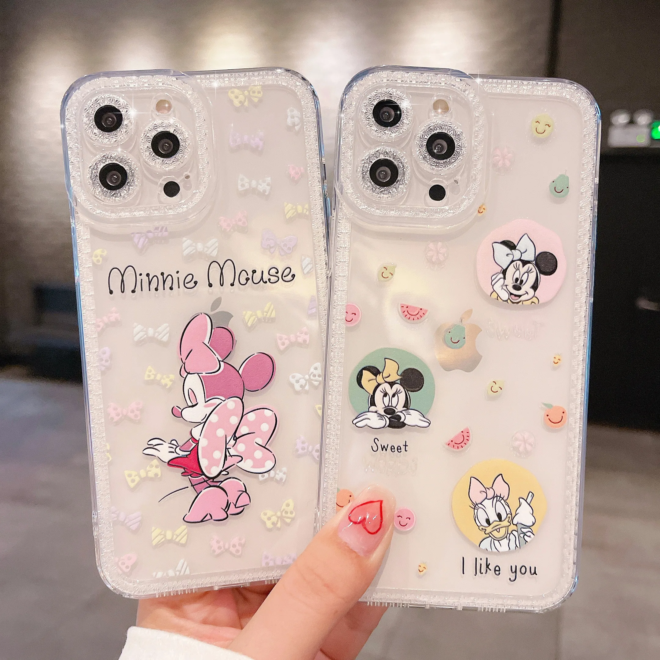 

Cartoon Disney Minnie Mouse Phone Cases For iPhone 13 12 11 Pro Max XR XS MAX X Couple Shockproof Transparent TPU Soft Cover