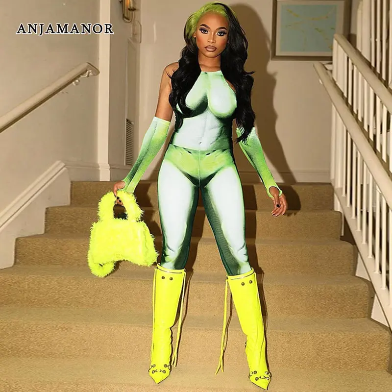 

ANJAMANOR 3d Body Print Baddie Two Piece Set Bodysuit Top and Pants Matching Sets Y2k Streetwear Sexy Festival Outfits D70-DB30