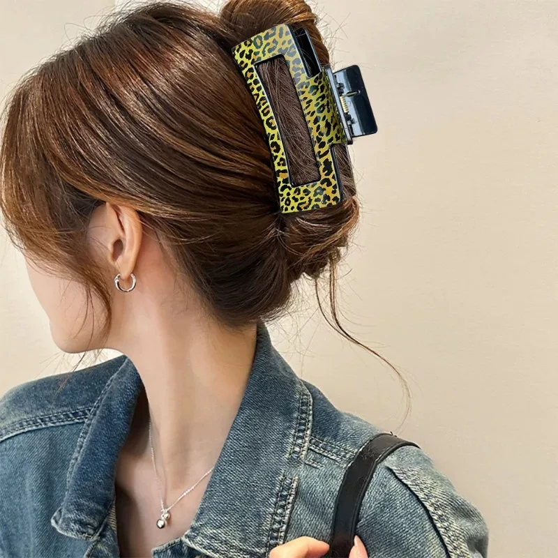 Square Leopard Print Gripper Hair Claw Women Temperament Shark Clip Crab Makeup Party Accessories Hairpin