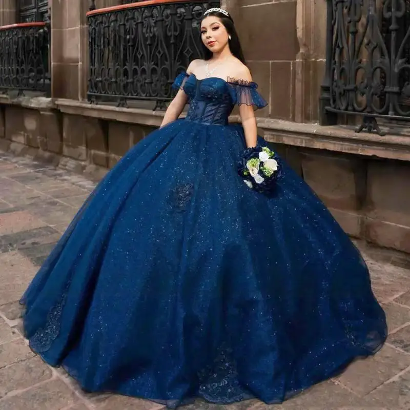 Navy Blue Ball Gown Quinceanera Dress 2025 Boned Sweetheart 3D Floral Sequin Princess Sweet 16 Vestido De XV Años Party