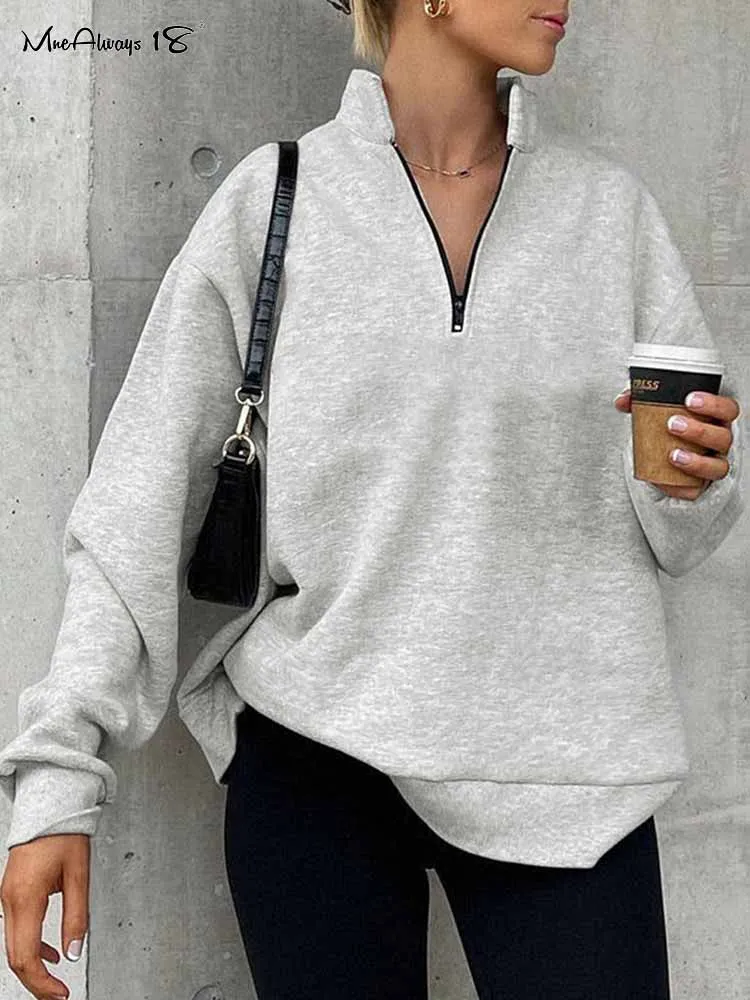 

Mnealways18 Zipper Stand Collar Women Pullover Long Sleeve Oversized Gray Sweatshirt Autumn Winter Jersey Tops Female Casual