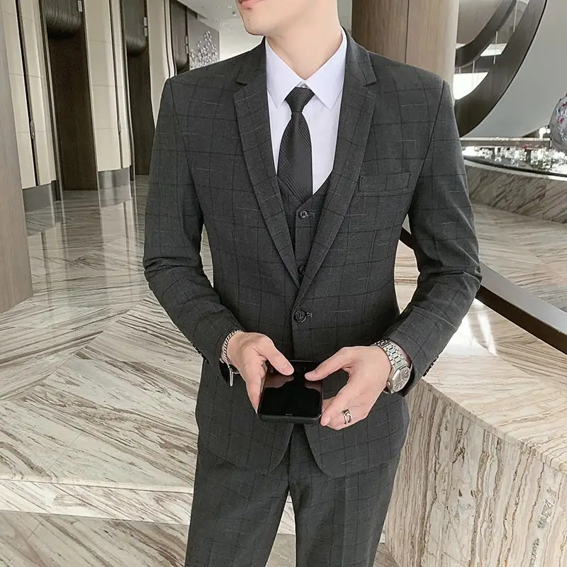 

Boutique 5XL (Blazer + Vest + Trousers) Men's Elegant Fashion Business Gentleman Plaid Italian Style High-end Formal Suit 3piece