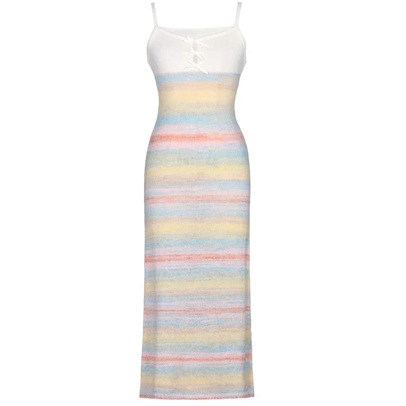 Женское трикотажное платье в разноцветную полоску элегантные сексуальные