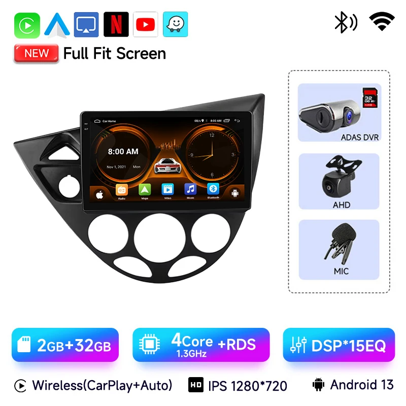 

9-дюймовый авторадио Carplay Android автомобильный радиоприемник для Ford Fiesta 1995-2001 Focus Mk1 1998-2004 AI Voice GPS FM 2 din авторадио