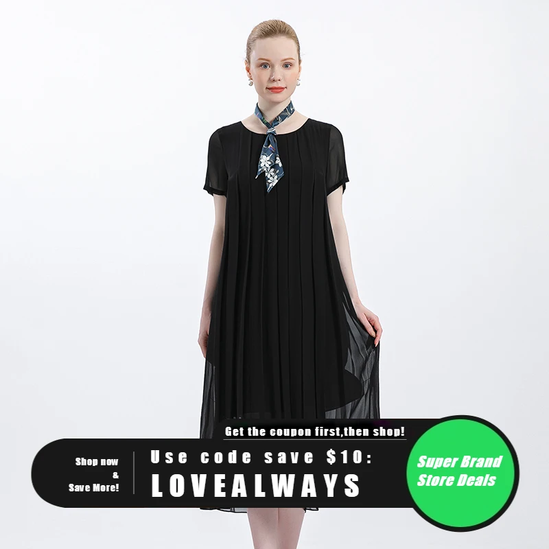 

Summer Silk Georgette O-Neck Short-sleeved Pleated Dresses Loose Refreshing Elegant Large Swing Mulberry Silk Black Dress AS0303