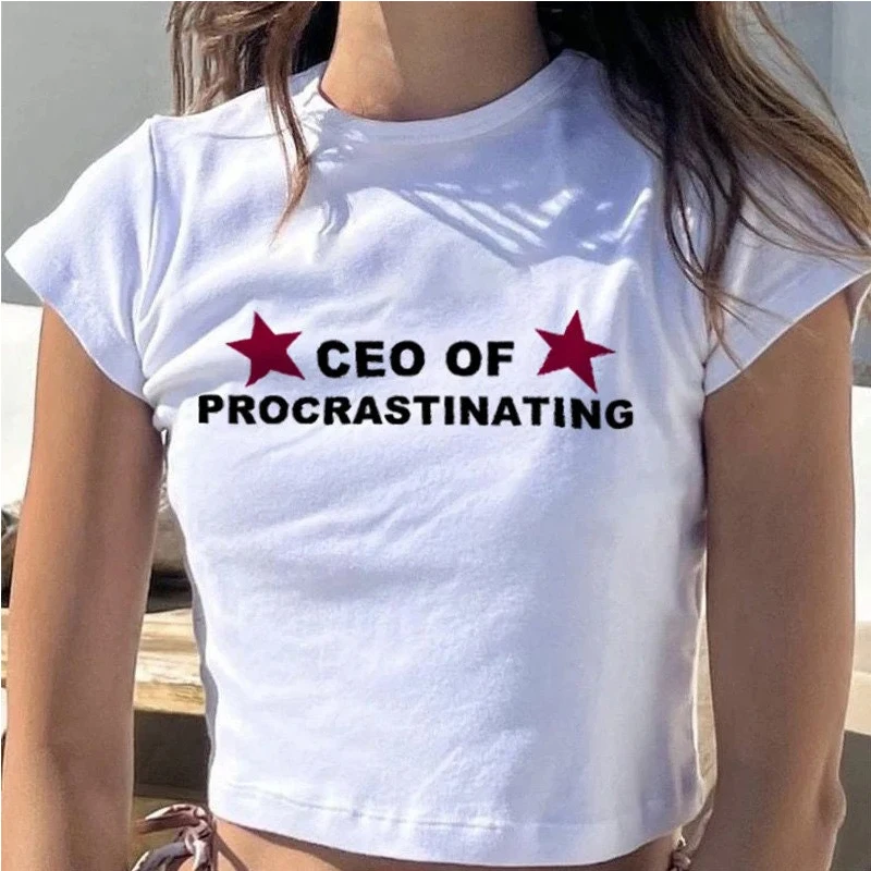 

2000s Grunge Goth Clothes Women Baby Tee Ceo of Procrastinating Cropped Tops Camisetas T-shirts Female Kawaii Clothing Femme