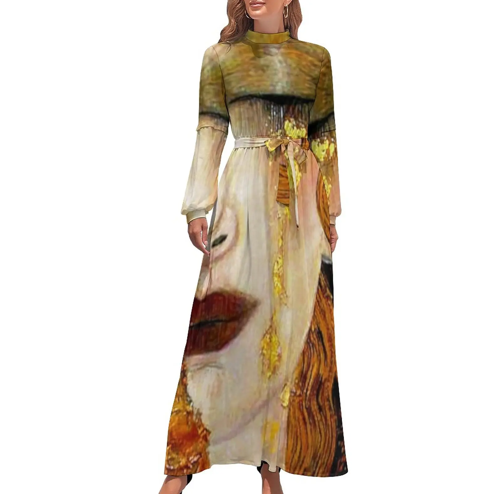 

Gustav Klimt Dress High Waist Freya's Tears Printed Beach Dresses Long-Sleeve Stylish Long Maxi Dress Sexy Vestidos