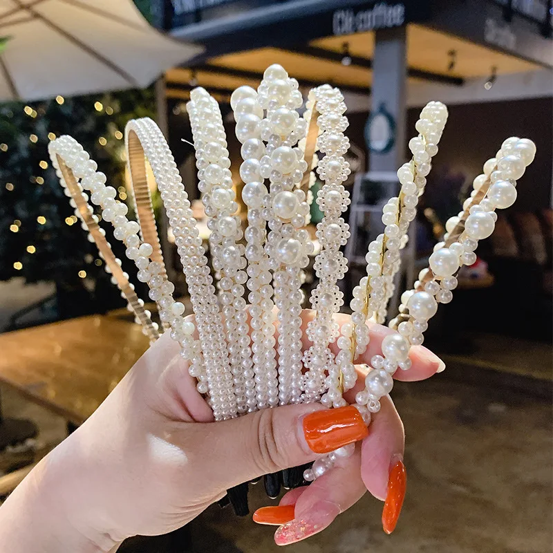 

Женские Модные жемчужные резинки для волос, женские металлические повязки на голову, эластичные аксессуары для волос, заколки Стразы, сваде...