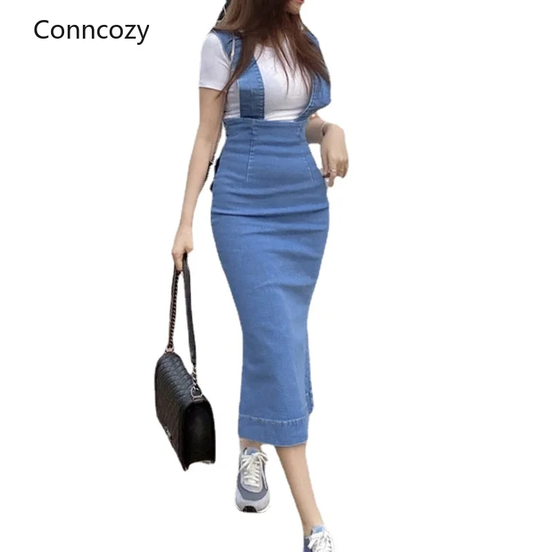 

Fashion Spaghetti Strap Women Denim Skirts Slim High Waist Behind Split Female Package Hip Jeans Skirt Summer 2022 Korean Style