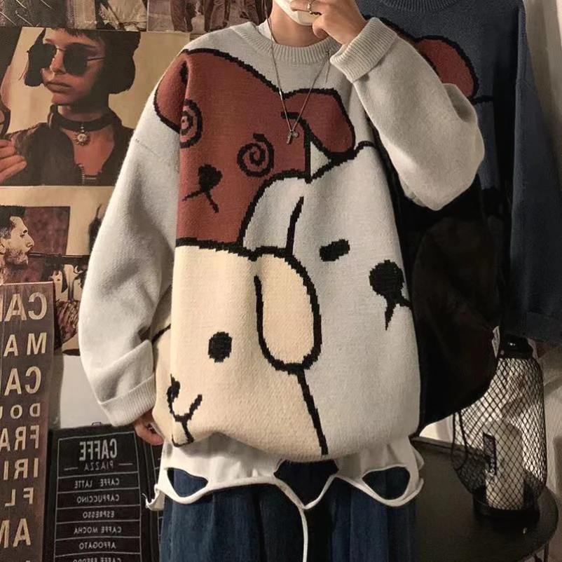 

2023 Sweater Man Loose Autumn And Winter Japanese Vintage Cartoon Puppy Male Bottom Shirt Fashion Trend Casual Harajuku Pullover