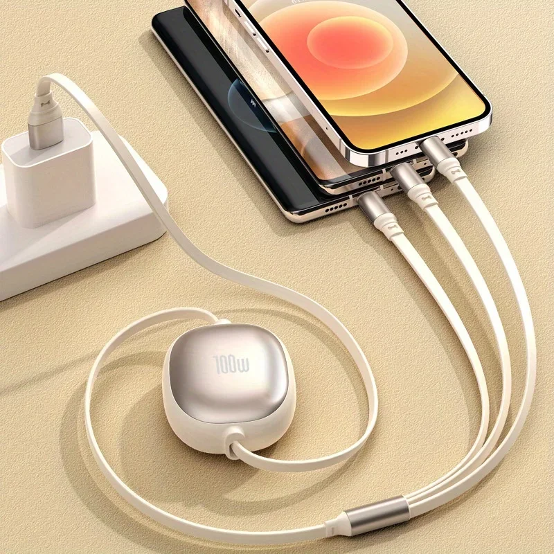 Фото Кабель 3 в 1, 100 Вт, USB на Type-C и Micro, с функцией быстрой зарядки и возможностью скручивания, для iPhone 14, 13, 12, 11 Pro Max, 7, 8, Samsung S24, Xiaomi. №4