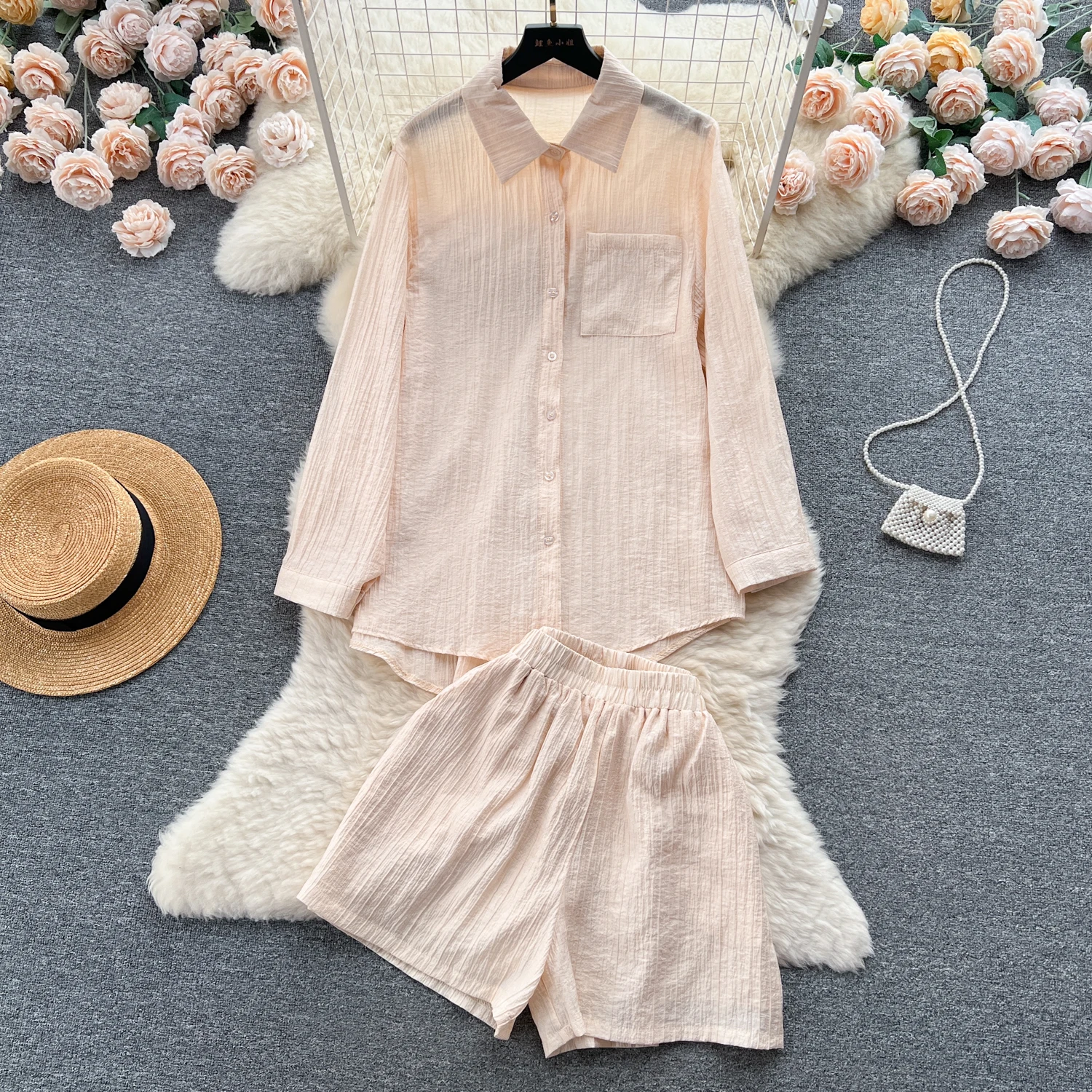 

Spring and Summer Thin Section Casual Loose Long-sleeved Lapel Shirt Women's Two-piece Fashion High Waist Thin Wide-leg Shorts