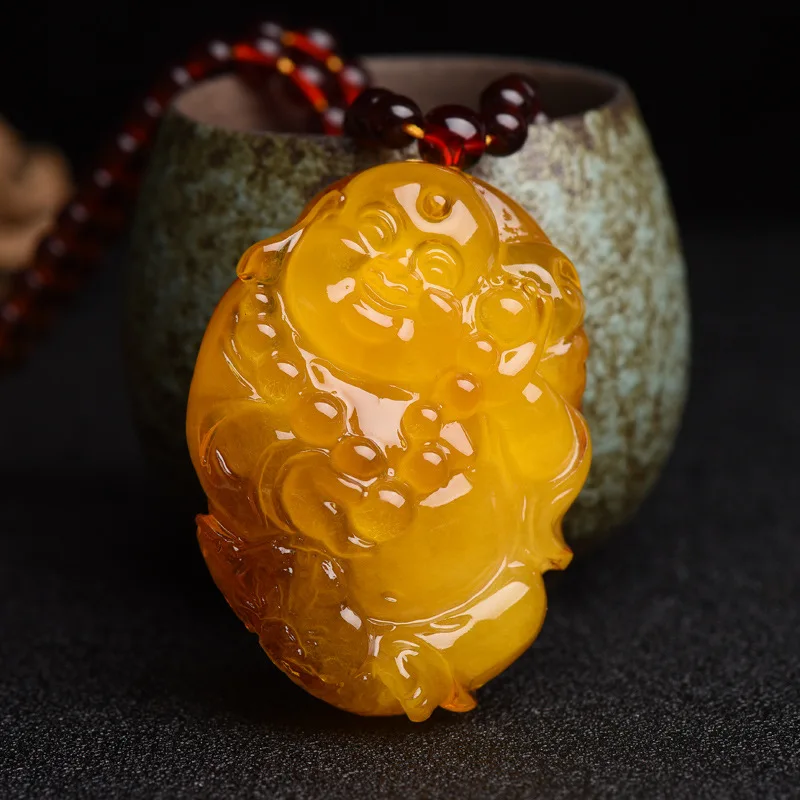 

Chicken Oil Yellow Honey Wax Maitreya Buddha Pendant Amber Stone Necklace Men's and Women's Pendant Sweater Chain