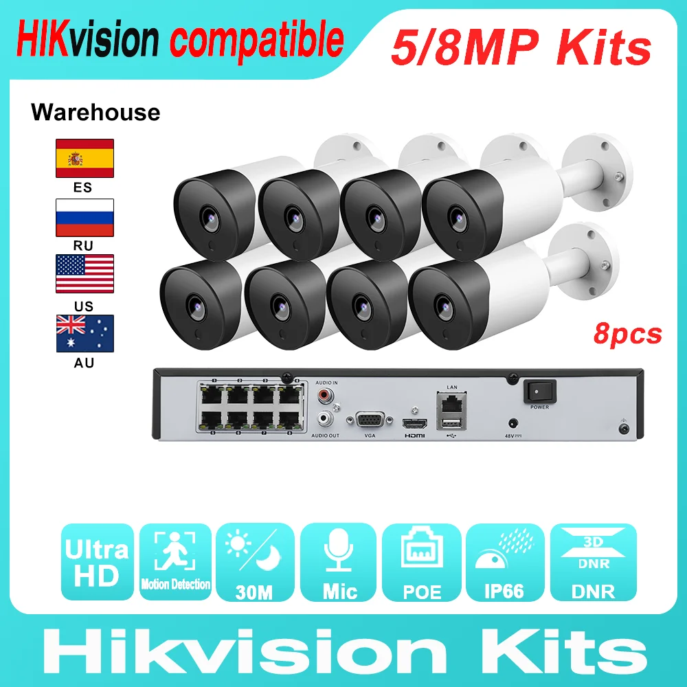 

Hikvision Compatible Kit IP Bullet Camera 5/8MP 8PCS Built-in Mic + Hikvision Original NVR DS-7608NI-K2/8P 8POE 4K CCTV System