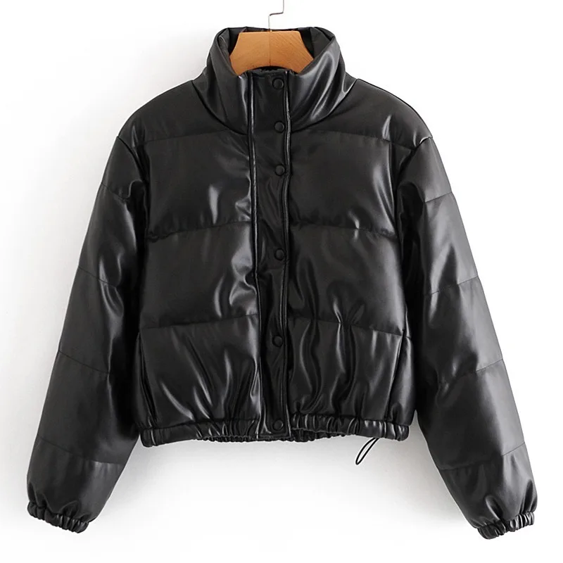 

Women Casual High Waist Short Cotton Jacket Female Black Wild Thin Zipper Cotton Stand Collar Imitation Leather Cotton Coat New