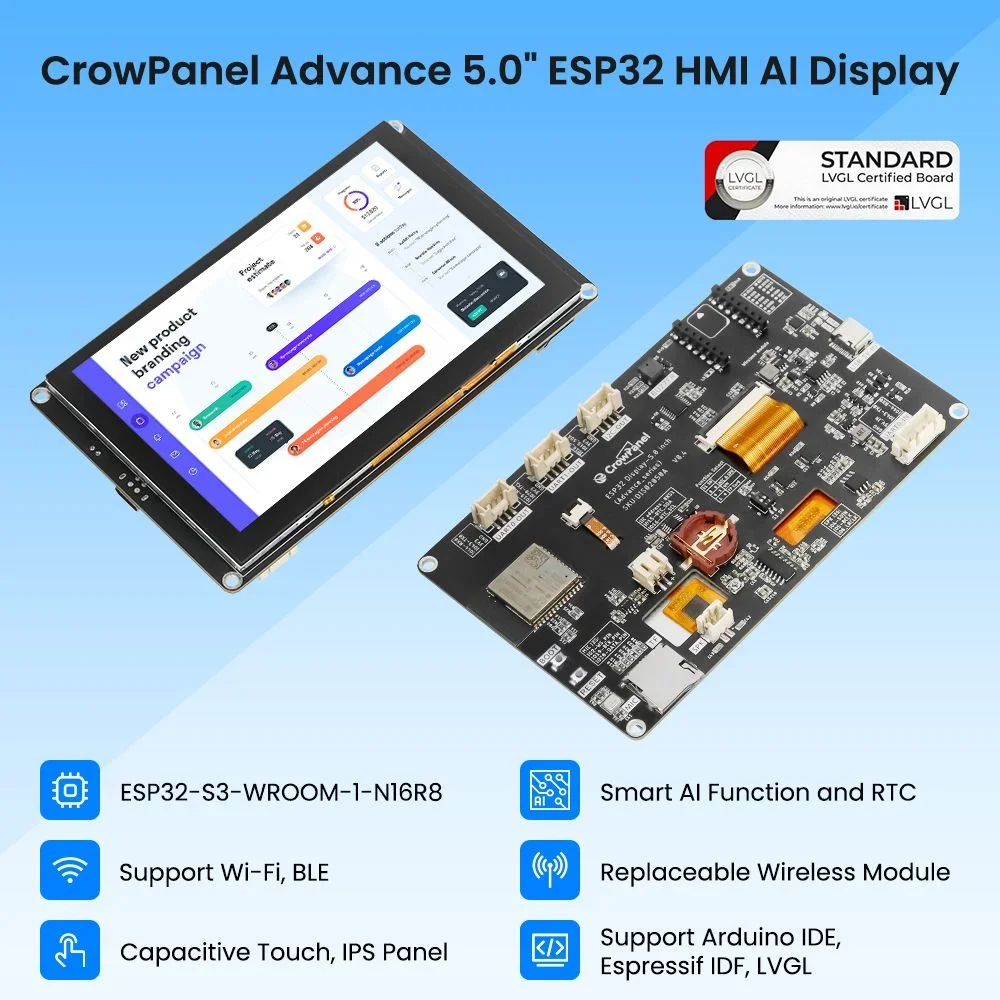 Фото Elecrow CrowPanel Advance 5-дюймовый HMI-дисплей на базе ESP32-S3 с поддержкой ИИ, 5-дюймовый сенсорный экран IPS 800x480, совместимость с Arduino/LVGL/Micropython. №2