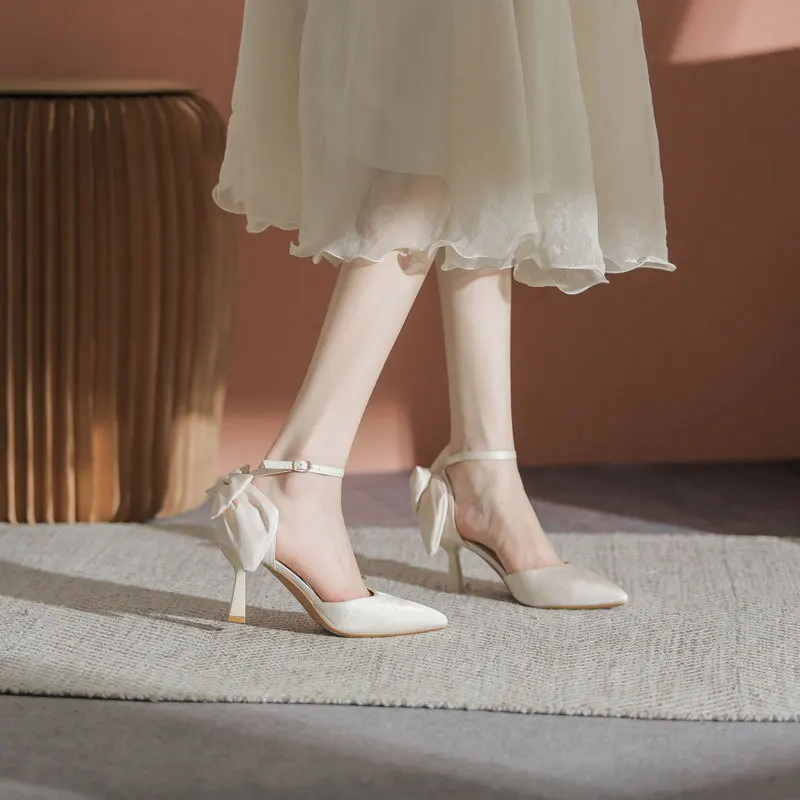 

Туфли женские на тонком высоком каблуке, шелковые туфли с заостренным носком, для принцесс, весенний подарок для взрослых, белые