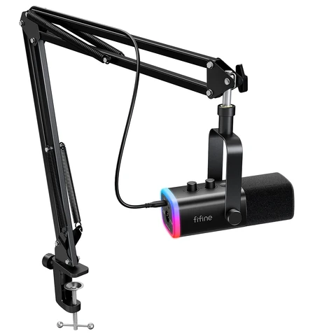 Игровой микрофон FIFINE XLR/USB с разъемом для наушников/бесшумным/RGB/подставкой, динамическим микрофоном для ПК PS5/4 Mixer AmpliGame AM8T