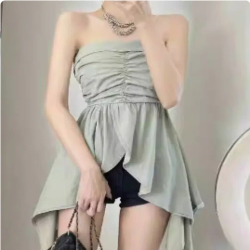 Ретро нестандартные джинсовые женские топы на бретелях с разрезом шее узкие