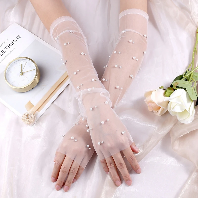 

White Lace Pearl Mesh Sleeves Manicure Gel Nail Polish Background Transparent Long Gloves Party Bridal photo nails accessories