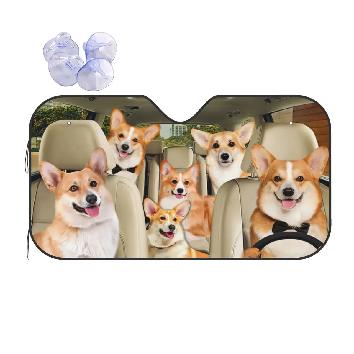 

Cartoon Corgis Driver Foldable Windshield Sunshade 76x140cm Animals Foils Car Sunshade UV Protector