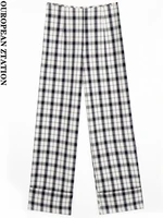 paitele women 2022 fashion plaid straight casual pants vintage high waist side zipper fly female ankle trousers mujer