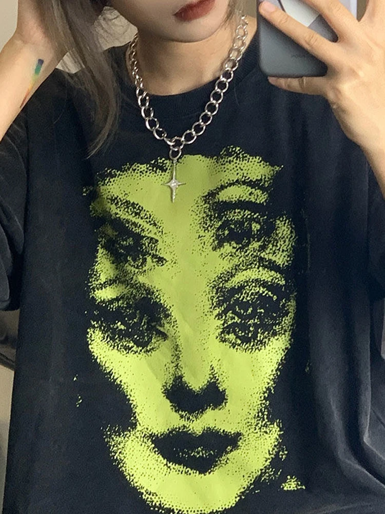 HOUZHOU хиппи эмо Графические футболки женские гранж готические большие черные