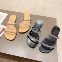 2022 summer new style sandals rhinestone flat shoes one word belt outside wear all match flat women beach sandals women