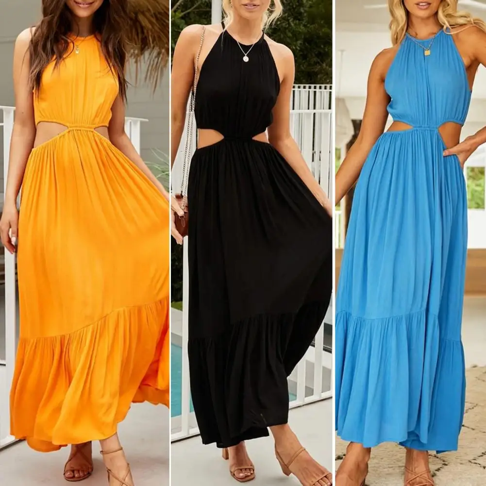 

Sexy Off Shoulder Solid Color Waist Hollow Women Dress Ruffle Stitching Large Hem Halter Pleated Lady Beach Maxi Dress Club Wear