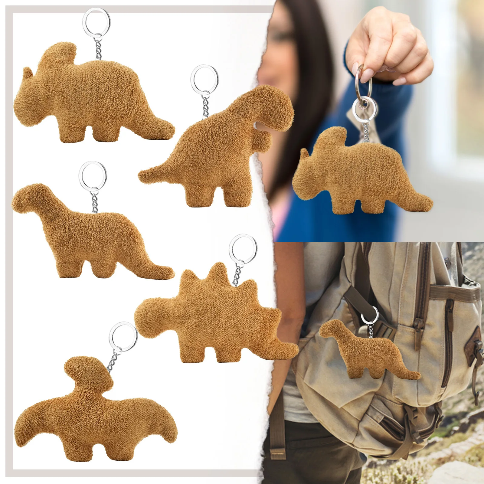 

Dino Chicken Nugget Plush Keychain Funny Personalized Matching Keychain for Backpack Luggage (Brontosaurus)