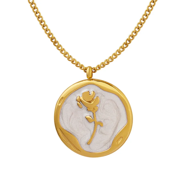 

Medal Pendant Flower Necklace Stainless Steel Necklaces Fashion Inlaid Enamel Drip Oil Non-fading Jewelry Wholesale