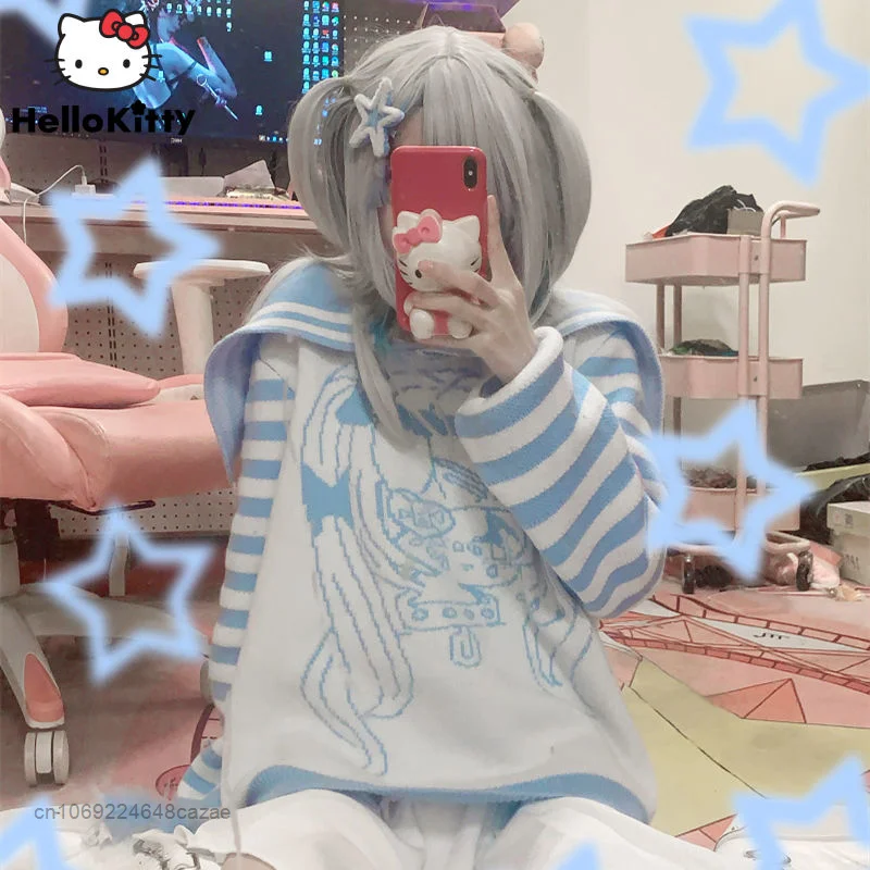 

Новинка, одежда Аниме Y2k, осенне-зимние японские и корейские Полосатые свитера, женские пуловеры, женский свитер в стиле колледжа с темно-син...