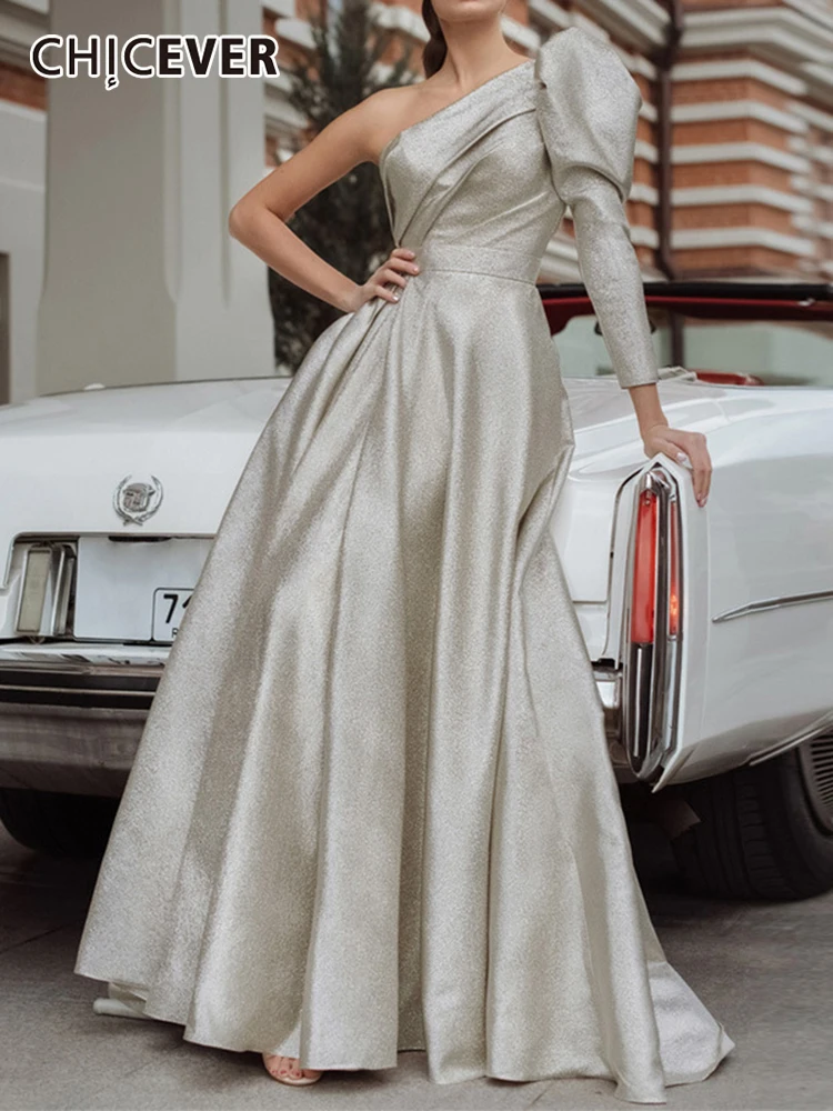 

CHICEVER Plain Dress For Women Diagonal Collar Inclined Shoulder Puff Sleeve High Waist Maxi Dresses Female 2022 Summer Clothing