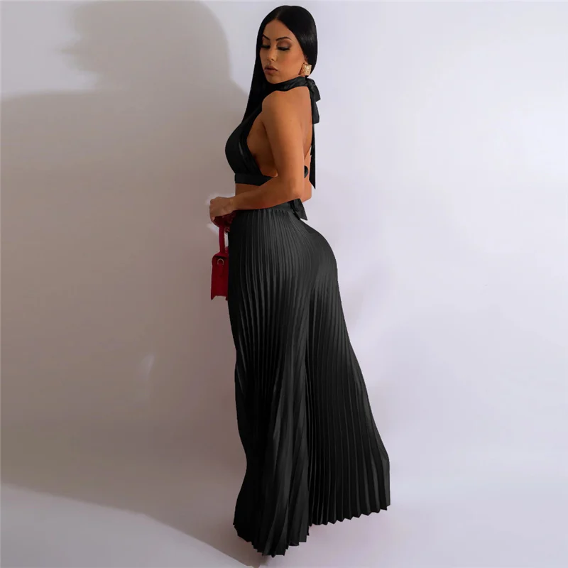 Znaiml 2023 Sexy Satin Pleated Birthday Outfits Women Matching Sets Club Party Halter Backless Crop Top and Wide Leg Pants Sets 5