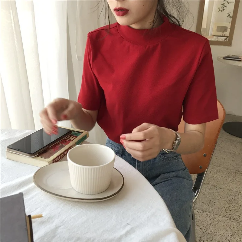 

Женская хлопковая водолазка с коротким рукавом, облегающая Универсальная футболка, лето 2022