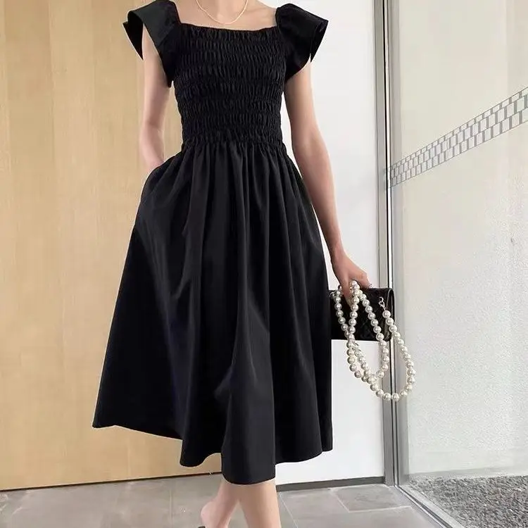 

Korea Sweet Slim High Waist Smocked Women Midi Dress Big Hem Square Neck Lady Dress