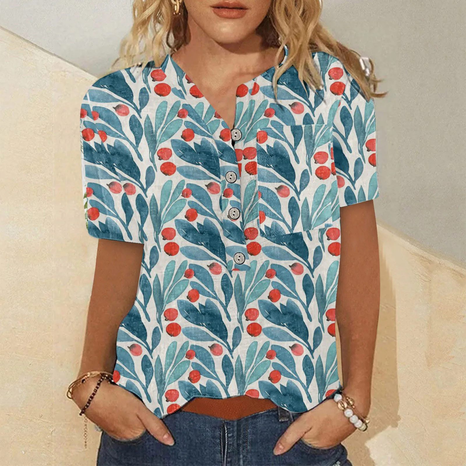 

Women Summer Floral Pattern Button Blouse Short Sleeve Comfy Dressy Tshirts