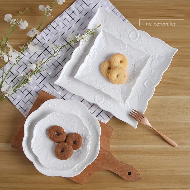 

3pcs Set, 6+8*10inch, White Embossed Porcelain Wedding Buffet Dish Sets, Butterfly Design, Servies Borden, Kitchen Plates Sets