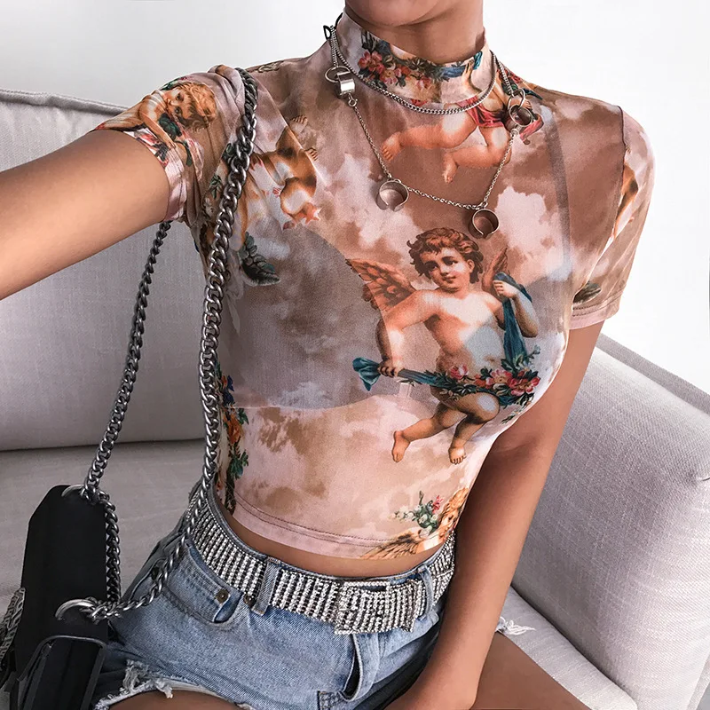 

Women Summer Turtleneck T-Shirt Hollow Out Sheer Mesh Net Short Sleeve Crop Top Funny Colored Angel Cupid Printed Streetwear