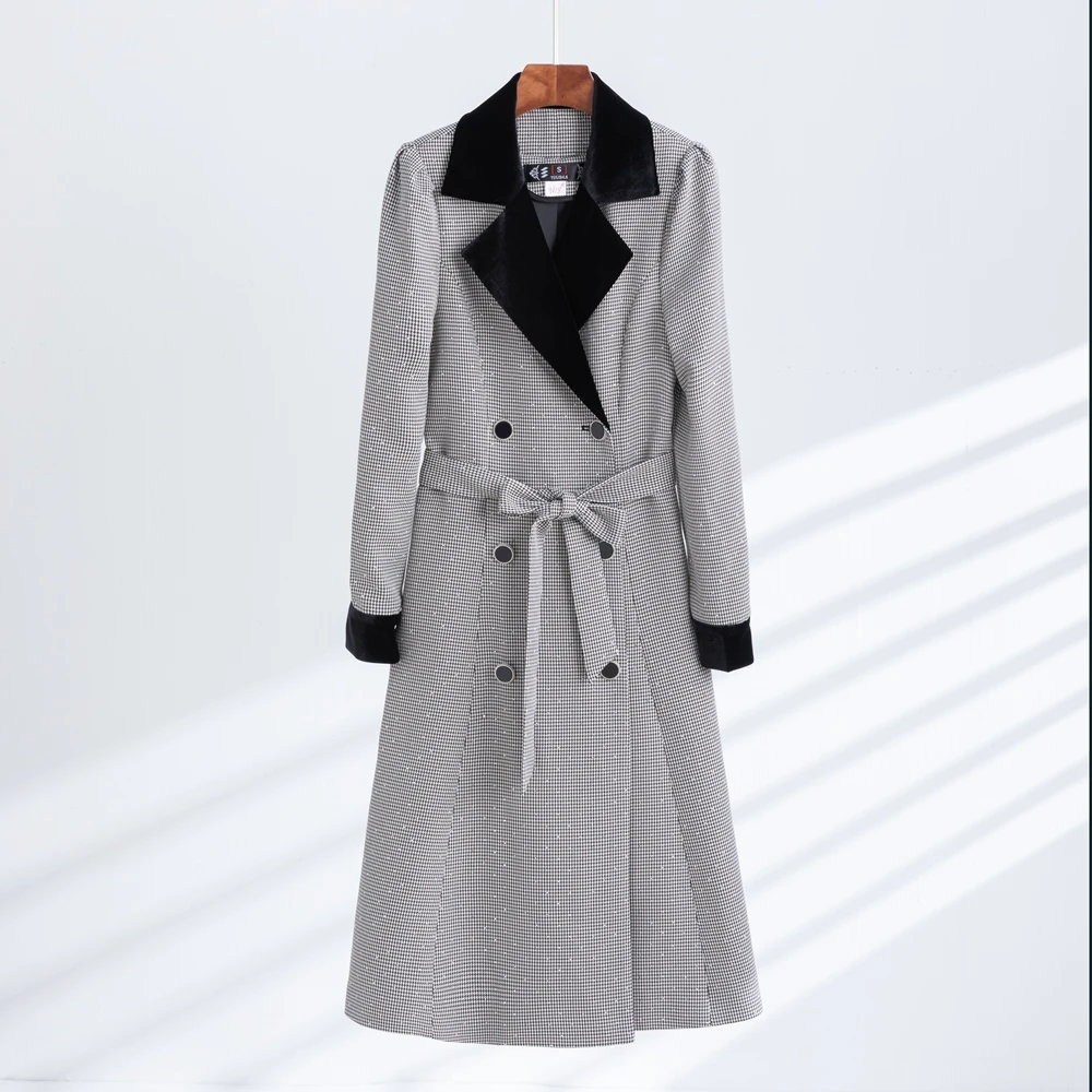 Women Winter Long Sleeve Blazer Collar Extra Girls Plaid Coat Casual Woolen Windbreaker Ladies Tops Oversized Pleated Overcoat