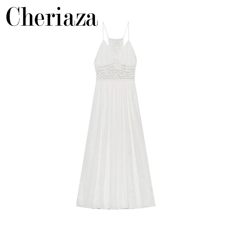 

2022 Summer Woman Splicing Crochet Dress V neck High Waist Cutout Suspenders Dresses Bohemia A word Vintage Vestidos Mujer